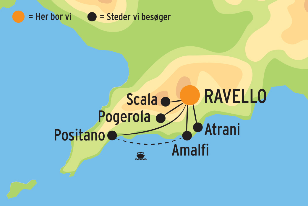 Kort over vandrerejsen på Amalfkysten